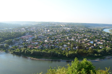 Fototapeta premium Zalishchyky town is a round island surrounded by a river