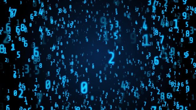 Digital Number Technology 4K Motion Computing Running Developer Program Code Motion Background. 3D Graphic Binary Encoding Decimal Statistics Algorithm Row Matrix Concept Display.