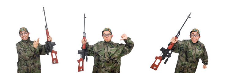 Military man with a gun isolated on white