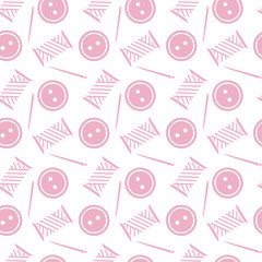 seamless vector pattern of sewing supplies. The spool of thread, needle and button in the flat style. Ideal for packaging paper, fabric. Suitable for the design  for tailoring and atelier
