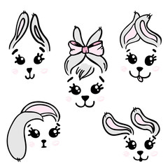 Cute faces of bunnies, emotions, childish illustration, ears of hares are raised up. card design for postcards.