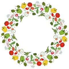 A wreath of fresh vegetables. Pepper, tomato, radish, green peas, arugula, spinach, parsley.