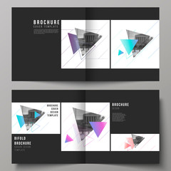 The vector illustration of editable layout of two covers templates for square design bifold brochure, magazine, flyer, booklet. Colorful polygonal background with triangles with modern memphis pattern