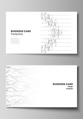 The minimalistic abstract vector illustration of editable layout of two creative business cards design templates. Trendy modern science or technology background with dynamic particles. Cyberspace grid
