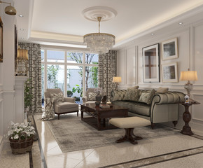 Living room interior in american style 3D illustration