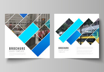 The minimal vector illustration layout of two square format covers design templates for brochure, flyer, magazine. Abstract geometric pattern creative modern blue background with rectangles.