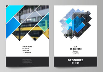 The vector layout of A4 format modern cover mockups design templates for brochure, magazine, flyer, booklet, annual report. Abstract geometric pattern creative modern blue background with rectangles.