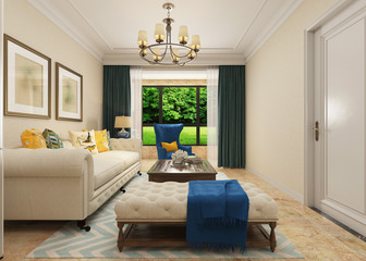 Living room interior in american style 3D illustration