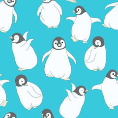 Little penguin seamless pattern on blue background. 
