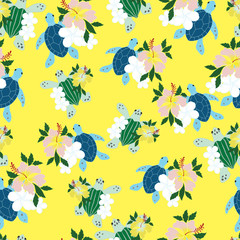 Turtle and flowers seamless pattern on yellow background. 