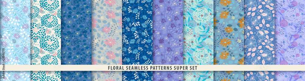 Wall mural floral seamless pattern set. flowers and leaves.. blue vector background. summer and spring print - Wall murals
