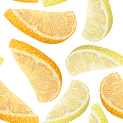 Vector art, seamless pattern with hand-drawn harvest juicy, delicious orange and lemon pieces, with highlights, beautiful orange, lemon peel. Realistic, like paint. Ripe, juicy, tasty citrus