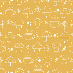 Seamless pattern of autumn objects contour