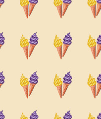 Seamless pattern yellow and lavender ice cream on yellow background