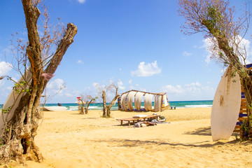 Gold yellow beach and clean blue sky, summer vacation concept photo. It's took at 