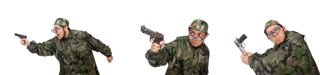 Military man with a gun isolated on white