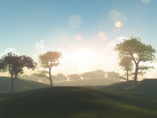 3D tree landscape and grassy hills