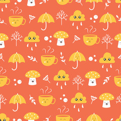 Seamless pattern with autumn objects in kawaii style