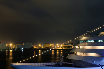 ライトに照らされる横浜港