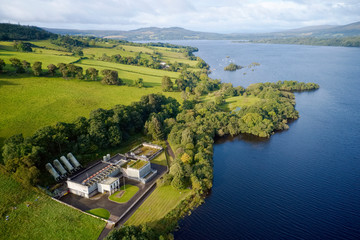 Sewage water works treatment plant aerial view from above at Loch Lomond Highlands Scotland UK