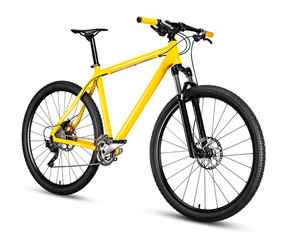 Fototapeta na wymiar yellow black 29er mountainbike with thick offroad tyres. bicycle mtb cross country aluminum, cycling sport transport concept isolated white background