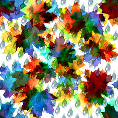 Autumn pattern, image of maple leaves with raindrops in various colors. Watercolor texture