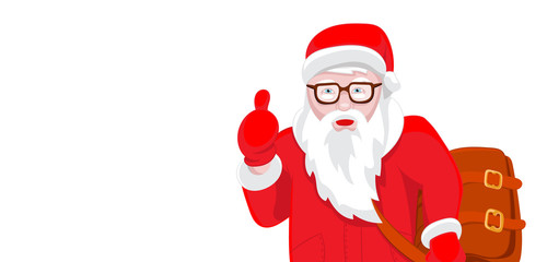 Obraz premium Modern Santa Claus vector illustration cool funny style character come with gift bag and thumb up. Happy New Year greeting card design element. Cartoon Christmas 