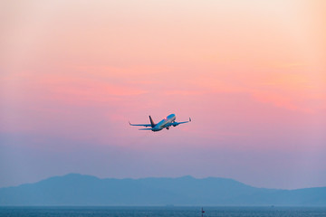 Fototapeta na wymiar 夕焼け空へ飛び立つ旅客機