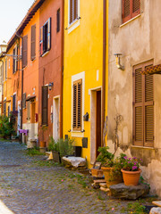 Picturesque street near the Piazza della Rocca (Fortress Square), Castle of Julius II, Ostia Antica, Rome, Italy