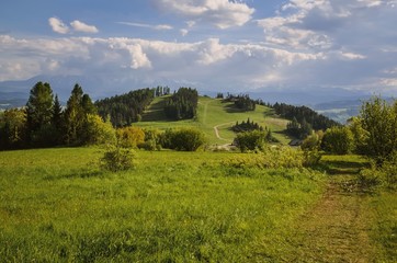 Beautiful spring mountain landscape. Beautifully lit green hill in Poland.