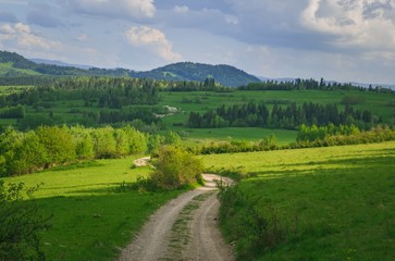 Beautiful spring rural green scenery. Gravel road between green meadows in the mountains.