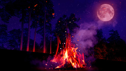 Night forest, landscape. Bonfire in the forest, big moon. Moonlight neon