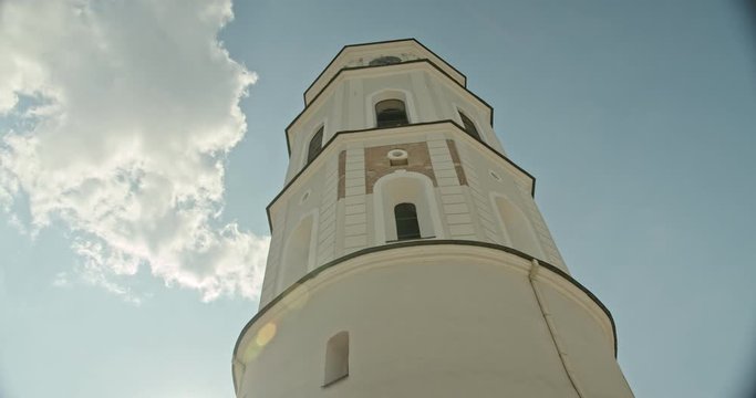 Vilnius, bellfry, low angle shot, tracking shot, back light