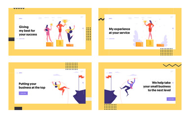 Obraz na płótnie Canvas Business People Winners on Pedestal, Pole Vaulting Website Landing Page Set. Office Employees Team Posing with Golden Goblet. People Achieve Goal Web Page Banner. Cartoon Flat Vector Illustration