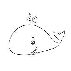 Black Line Art Whale Cartoon on a White Background