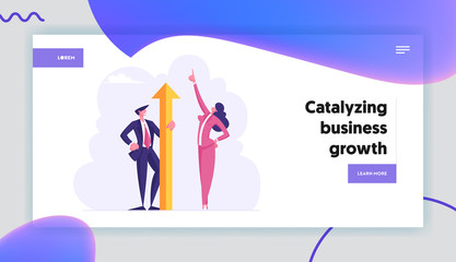 Male and Female Characters Business Winners Website Landing Page. Businesswoman with Finger Up to Sky Stand near Businessman Holding Huge Golden Arrow Web Page Banner. Cartoon Flat Vector Illustration