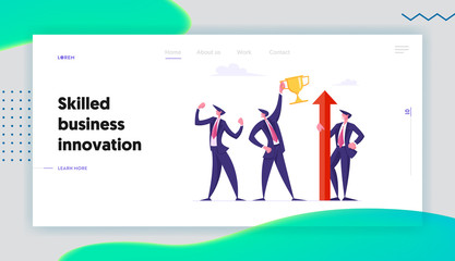 Corporate Competition Challenge Website Landing Page. Successful Businessmen Celebrate Victory Posing with Arrow and Golden Goblet Demonstrate Muscles Web Page Banner. Cartoon Flat Vector Illustration