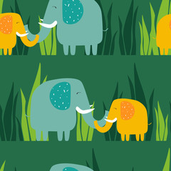 Happy elephants in grass, hand drawn backdrop. Colorful seamless pattern with animals. Decorative cute wallpaper, good for printing. Overlapping background vector