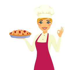 Portrait of a cook girl with a cake in her hand. The girl with a gesture of approval. Professional chef. Cooking. Service personnel. Flat style on white background. Cartoon