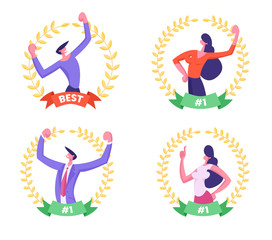 Set of Business People Demonstrate Muscles Inside of Golden Award Wreath with Ribbon. Business Man and Woman Managers Best Workers Winning Trophy. Successful Results Cartoon Flat Vector Illustration
