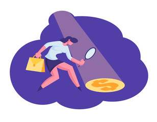 Businesswoman Searching for Source of Profit and Money Wealth Looking through Magnifier Glass on Dollar sign in Light Ray on Floor. Earning and Benefit Idea Concept. Cartoon Flat Vector Illustration