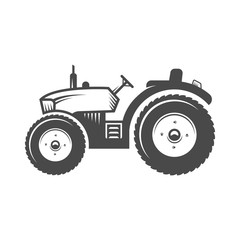 Vector logo tractor. Harvesting machine. Icon symbol, emblem, element. Logotype for engineering, auto parts, agriculture.