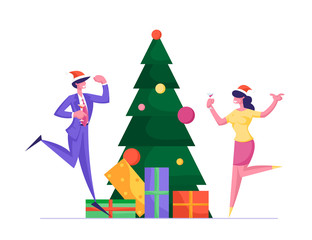 Happy Workers Having Fun. People Celebrate Xmas Party in Office Dancing at Decorated Christmas Tree with Gifts. Joyful Managers in Workplace. Cheerful Colleagues Cartoon Flat Vector Illustration