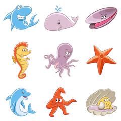 Cartoons of Sea Animals with Colorful Outlines