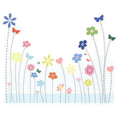 Spring time flowers. Colorful heart, butterfly border design floral background