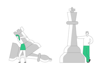 Business Man and Woman Self Confident Opponents Playing Strategic Game Chess Moving Huge Pieces on Board. Thinking Planning Tactics and Strategic Concept Cartoon Flat Vector Illustration, Line Art