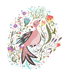 bird among the flowers, flat illustration