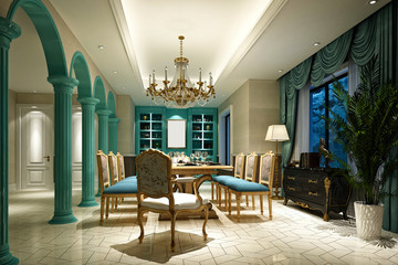 3d render of neo classic home interior living and dining room
