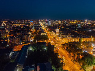 Night summer Voronezh, aerial view. Tower of management of south-east railway and Revolution prospect