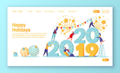 Concept of landing page on theme of preparation for the New Year. Small, flat people characters change numbers 21019 for 2020. Happy people in anticipation of the holiday. Template for web site.
